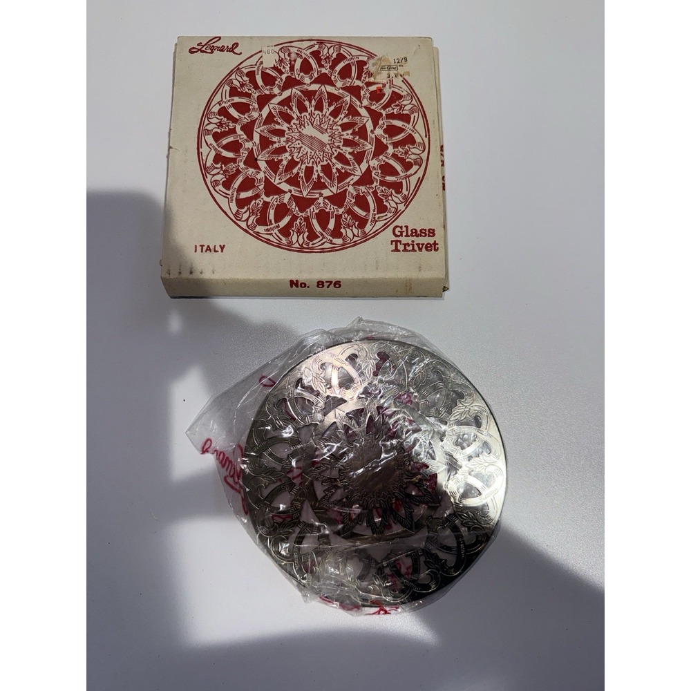 VINTAGE LEONARD SILVER PLATE‎ GLASS BACKED MADE IN ITALY 6" TRIVET NO. 876 I